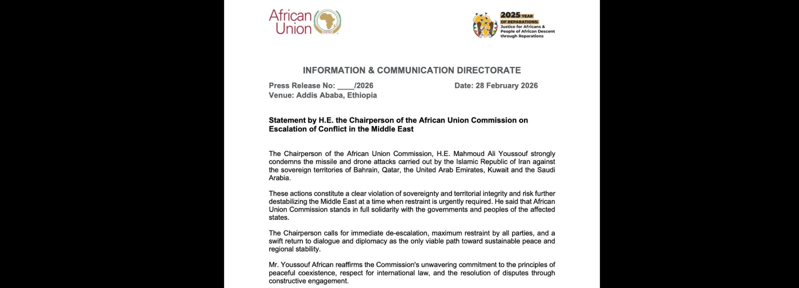 AU Calls for Restraint and Urgent De-escalation Amid US-Iran Conflict